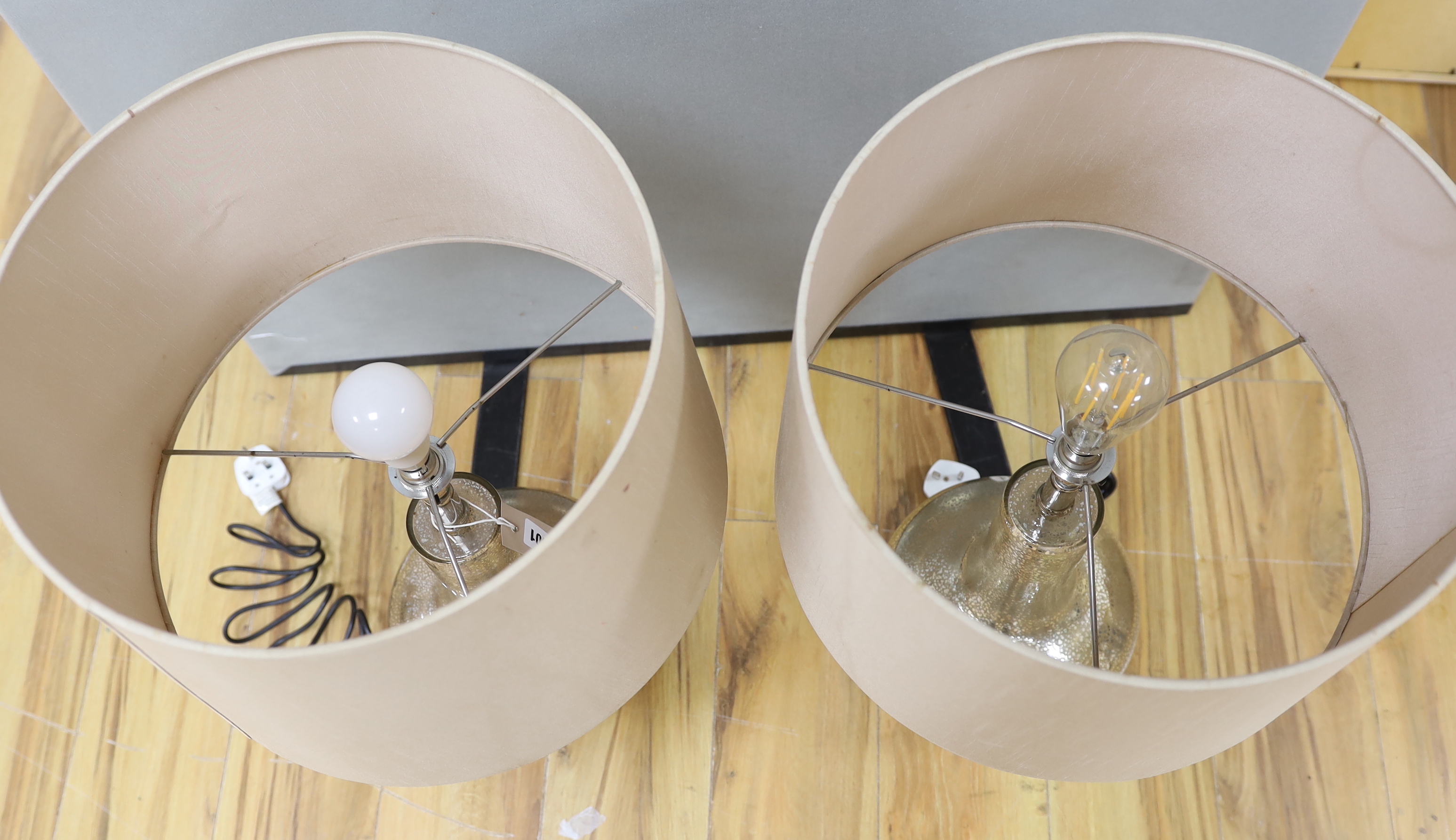 A pair of modern glass lamps and shades, 72cm total height